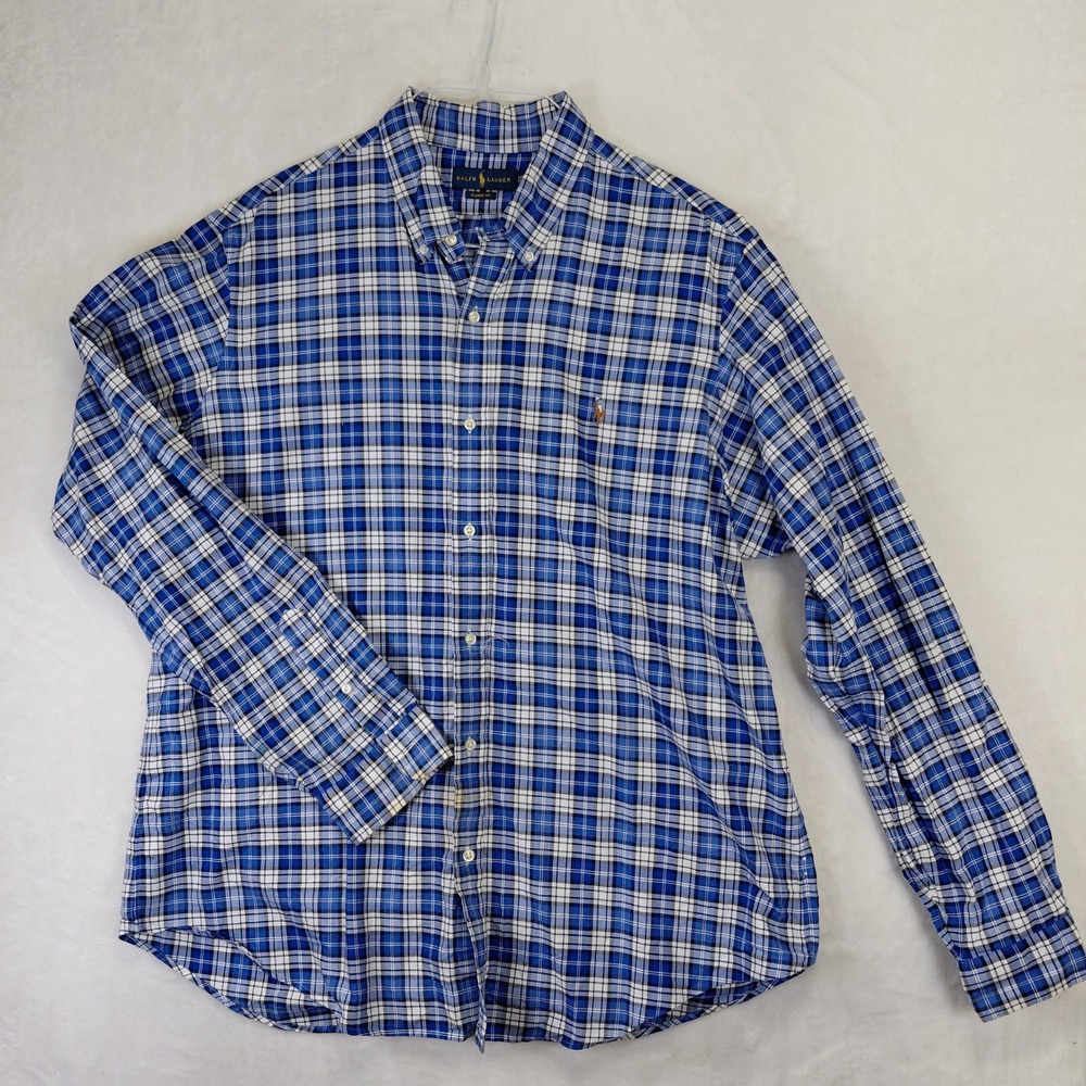 Ralph Lauren Mens XXL Classic Fit Blue White Plaid Button Down Shirt Long Sleeve